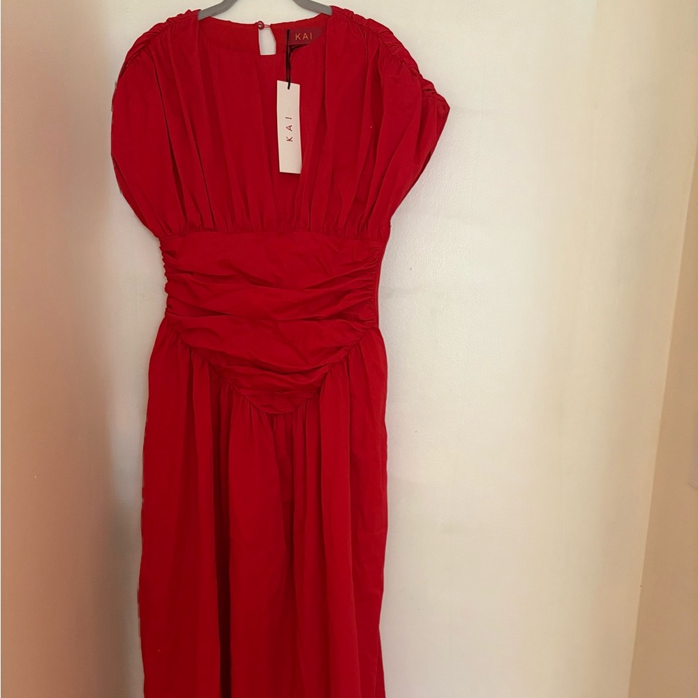 Adesuwa ruched cotton long dress. Large. Red.